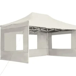 Hopfällbart partytält med väggar - Elegant solskydd för utomhusevent | Färg: Gräddvit | Storlek: 4,5x3 m