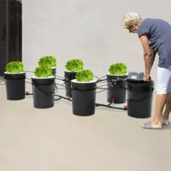 Hydroponisk odling - DWC-system - 7 hinkar - 20 L per hink - 30×38 cm per hink - EU-kontakt 220–240 V 9 W - Svart