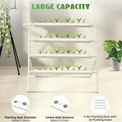 Hydroponisk Odling Kit, PVC Material, 36 Växtplatser, Dimensioner 95 x 45 x 100 cm, Vattenpump Spänning DC 12V, Max Pumpflöde 200 L/h
