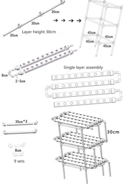 Hydroponiskt odlingskit - Rörsystem för växter - 90 odlingsplatser - 3 lager - PVC-U - Rör Ø 6,3 cm - Hål Ø 3,2 cm - Ljusgrå