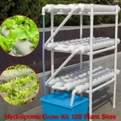 Hydroponiskt odlingskit - 3-lagers odlingssystem - 108 hål - PVC-U - Rör Ø 6,3 cm - Hål Ø 3,2 cm - Slang 1,2 m - Vit