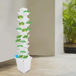 Hydroponiskt odlingskit - Vertikalt odlingstorn - 45 odlingshål - 9 nivåer - Inomhus - Vattenpump - Vattennivåmätare - EU-kontakt - Vit