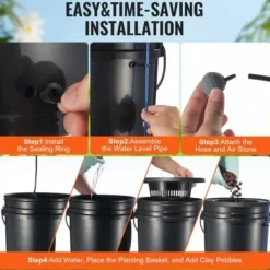 Hydroponiskt odlingssystem, Deep Water Culture 30x30x38 cm, svart, 2 hinkar