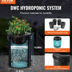 Hydroponiskt odlingssystem, Deep Water Culture 4 hinkar 30x30x38 cm, svart, PP-material