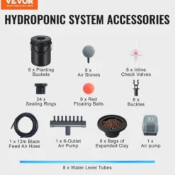 Hydroponiskt odlingssystem, Deep Water Culture 8 hinkar, 30x30x38 cm, svart, PP-material