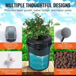 Hydroponiskt odlingssystem, Deep Water Culture 8 hinkar, 30x30x38 cm, svart, PP-material