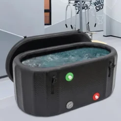 Iisbadsbadkar, 370 liters kapacitet, miljövänligt material, fristående design, mått 150 cm x 80 cm x 67 cm, lämplig för idrottare och vuxna