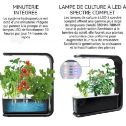 INN Hydroponisk med 3 krukor, LED-växtlampa och justerbart stativ i höjd, Tyst smart pump-kit, Svart