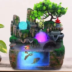 Inomhus bordfontän - stenlandskap vattenfall - Harts - LED-ljus - 220V - Nätdriven - Dimgenerator - Feng Shui