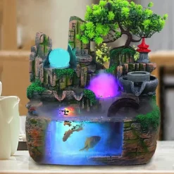 Inomhus bordfontän - stenlandskap vattenfall - Harts - LED-ljus - 220V - Nätdriven - Dimgenerator - Feng Shui