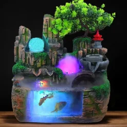 Inomhus bordfontän - stenlandskap vattenfall - Harts - LED-ljus - 220V - Nätdriven - Dimgenerator - Feng Shui