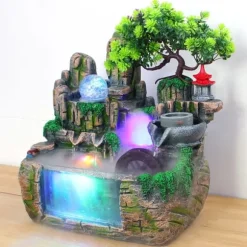 Inomhus bordfontän - stenlandskap vattenfall - Harts - LED-ljus - 220V - Nätdriven - Dimgenerator - Feng Shui