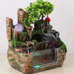 Inomhus bordfontän - stenlandskap vattenfall - Harts - LED-ljus - 220V - Nätdriven - Dimgenerator - Feng Shui