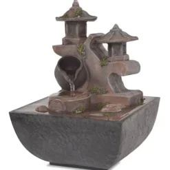 Inomhusfontän med LED-lampor i polyresin - Fridfull vattendekoration | Färg: Grå | Storlek: 30x25x50 cm