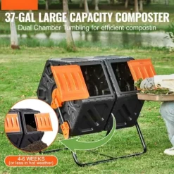 Kompostbehållare, 37-Gal med dubbla kammare, roterande, hög volym, stålram, BPA-fri för trädgård och utomhus.