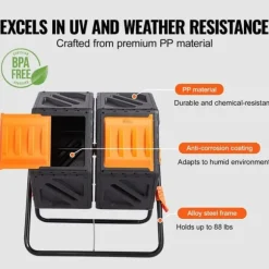 Kompostbehållare, 37-Gal med dubbla kammare, roterande, hög volym, stålram, BPA-fri för trädgård och utomhus.