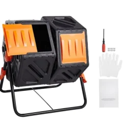 Kompostbehållare, 37-Gal med dubbla kammare, roterande, hög volym, stålram, BPA-fri för trädgård och utomhus.