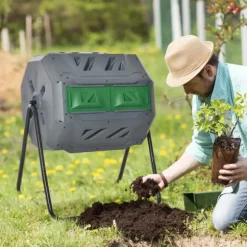Komposttumlare - Dubbelkammare - Roterande trumma - 160 l kapacitet - Stålram - Ljusgrå/grön