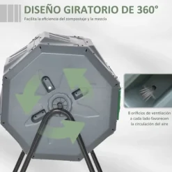 Komposttumlare - Dubbelkammare - Roterande trumma - 160 l kapacitet - Stålram - Ljusgrå/grön