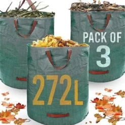 Kraftiga trädgårdspåsar - 272 liter - 3 påsar - Industri- och tyghandtag - Gröna papperskorgar - Återanvändbara[92]