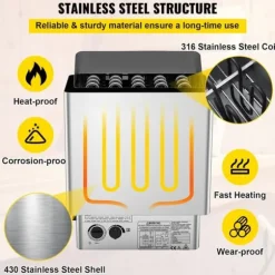 9KW Bastuvärmare 380V-415V Våt&Torr Elektrisk med inbyggd kontrollenhet i rostfritt stål.