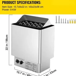 9KW Bastuvärmare 380V-415V Våt&Torr Elektrisk med inbyggd kontrollenhet i rostfritt stål.