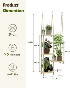 5-lagers Makramé Hängande Växthylla för Fönster – Handgjord Växtställning & Inomhus Växthållare