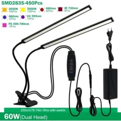 LED Växtlampa, Full Spektrum, Klämdesign,60W