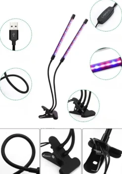 LED-lampa för odling av växter, fullspektrumblomning med klämmjustering