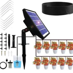 Lollanda Solcellsbevattning med timer – Automatisk droppbevattning 15m med anti-sifon för trädgård, växthus och grönsaker