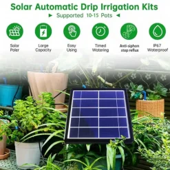 Lollanda Solcellsbevattning med timer – Automatisk droppbevattning 15m med anti-sifon för trädgård, växthus och grönsaker