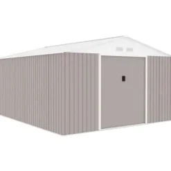 Metallisk trädgårdsförråd 12,99 m² - 340 x 382 x 210 cm - NEPTUNE - Ankar kit inkluderat, 2 skjutdörrar - Taupe