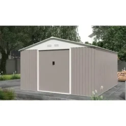 Metallisk trädgårdsförråd 12,99 m² - 340 x 382 x 210 cm - NEPTUNE - Ankar kit inkluderat, 2 skjutdörrar - Taupe