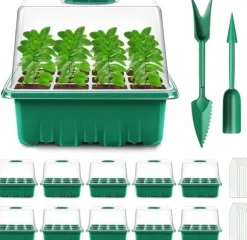 Mini växthus för växter - Sädesplåt - Mini växthus för sådd - 10 st 12-cellers såddsplattor, med upphöjda lock, 2 verktyg
