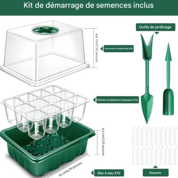 Mini växthus för växter - Sädesplåt - Mini växthus för sådd - 10 st 12-cellers såddsplattor, med upphöjda lock, 2 verktyg