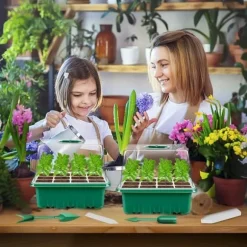 Mini växthus för växter - Sädesplåt - Mini växthus för sådd - 10 st 12-cellers såddsplattor, med upphöjda lock, 2 verktyg