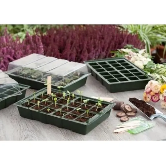 Miniväxthus - NATURE - Set med 4 flexibla plastterriner - 24-cells brickor - H11x35x23,5 cm