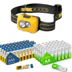 Nödlampssats med 40 AA GP Extra & 40 AAA GP Ultra Plus-batterier | Pålitlig LED-pannlampa och batteripaket för hem- och utomhussäkerhet