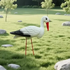 OBOSOE Art Deco-staty av Vit Trana med Avtagbara Röda Trådfötter – Hållbar Plast, Väderbeständig Utomhusdekoration till Trädgård, Halloween