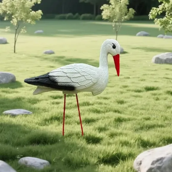 OBOSOE Art Deco-staty av Vit Trana med Avtagbara Röda Trådfötter – Hållbar Plast, Väderbeständig Utomhusdekoration till Trädgård, Halloween