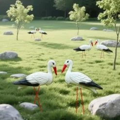 OBOSOE Art Deco-staty av Vit Trana med Avtagbara Röda Trådfötter – Hållbar Plast, Väderbeständig Utomhusdekoration till Trädgård, Halloween