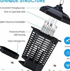 OBOSOE Elektrisk myggdödare – Kraftfull insektsdödare 4200V, Myggfångare med sladd, Vattentät flugfälla för utomhusbruk