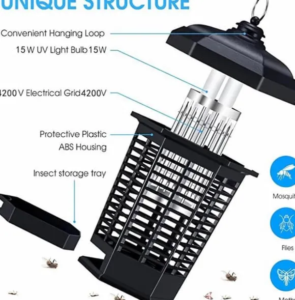 OBOSOE Elektrisk myggdödare – Kraftfull insektsdödare 4200V, Myggfångare med sladd, Vattentät flugfälla för utomhusbruk