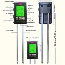 OBOSOE 6-i-1 Digital Jordtester – LCD Skärm med Bakgrundsbelysning, Mäter Fuktighet, pH, Temperatur, Solljus, Luftfuktighet, Näringsämnen