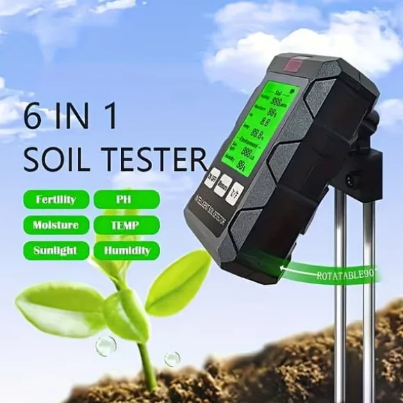 OBOSOE 6-i-1 Digital Jordtester – LCD Skärm med Bakgrundsbelysning, Mäter Fuktighet, pH, Temperatur, Solljus, Luftfuktighet, Näringsämnen
