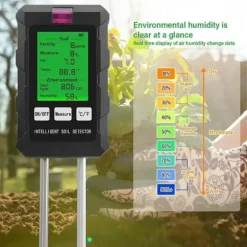 OBOSOE 6-i-1 Digital Jordtester – LCD Skärm med Bakgrundsbelysning, Mäter Fuktighet, pH, Temperatur, Solljus, Luftfuktighet, Näringsämnen