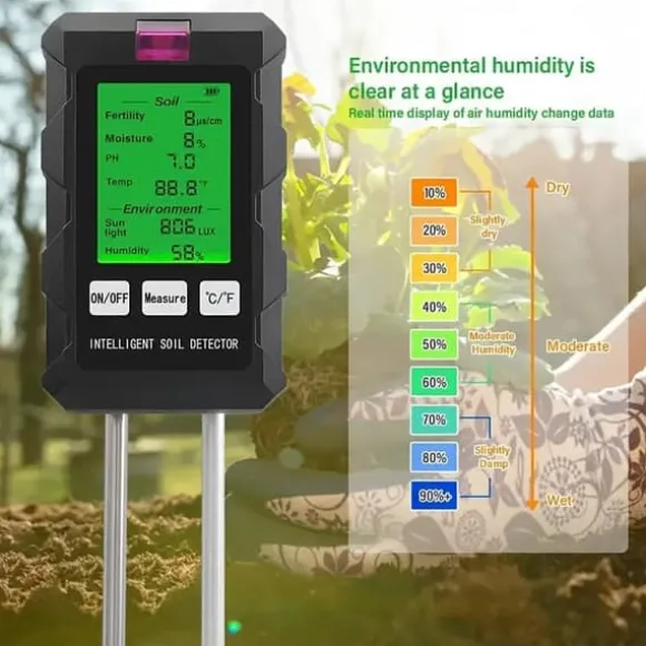 OBOSOE 6-i-1 Digital Jordtester – LCD Skärm med Bakgrundsbelysning, Mäter Fuktighet, pH, Temperatur, Solljus, Luftfuktighet, Näringsämnen