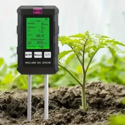 OBOSOE 6-i-1 Digital Jordtester – LCD Skärm med Bakgrundsbelysning, Mäter Fuktighet, pH, Temperatur, Solljus, Luftfuktighet, Näringsämnen