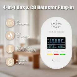 OBOSOE 4-i-1 Gas- & Kolmonoxiddetektor med Temperatur- och Fuktvisning – Väggplugg & Portabel för Hem, Resa, Husvagn