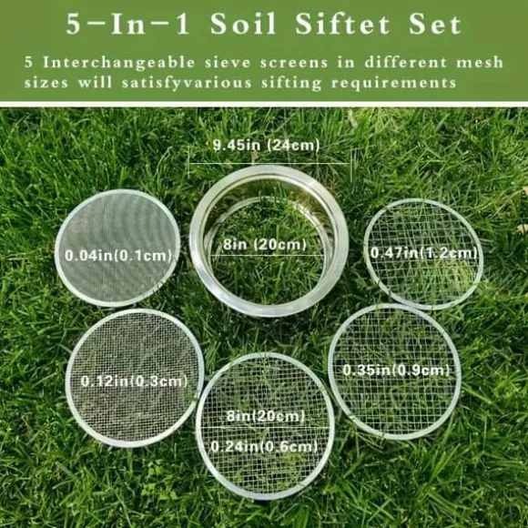 OBOSOE Jordsåll av rostfritt stål – Sållningsset med 5 utbytbara såll (1 mm, 3 mm, 6 mm, 9 mm, 12 mm) – Trädgårdssåll för jord, sand, sten, filtrering | CDON